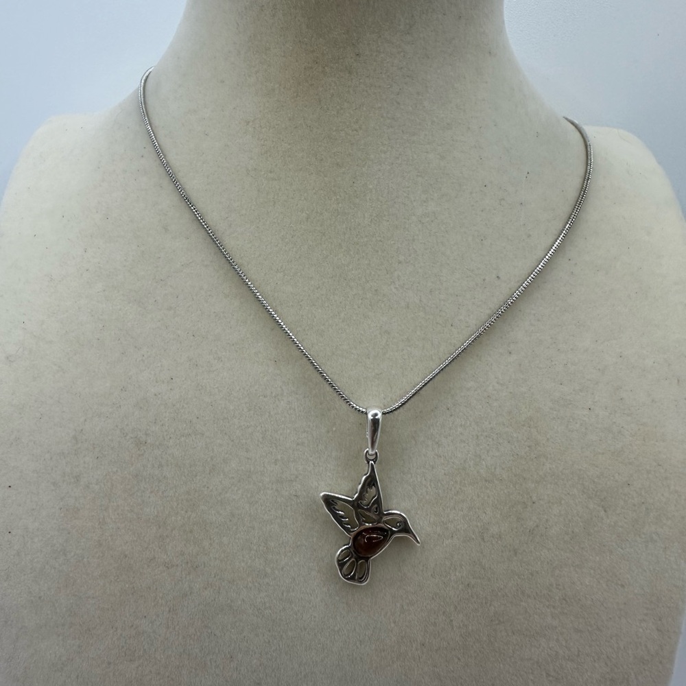 Silver and Amber Hummingbird Pendant Necklace on Silver Plated Snake Chain - Picture 5 of 8